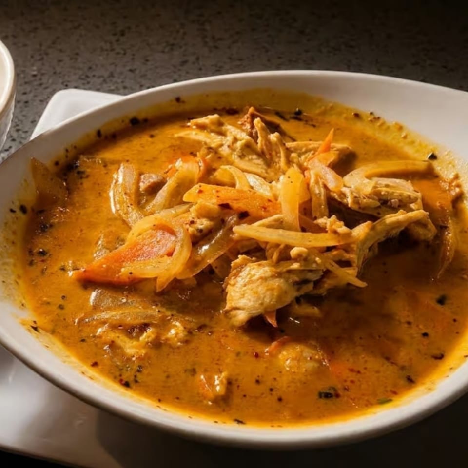 Close-up of a bowl of yellow curry with chicken, onions, and carrots.