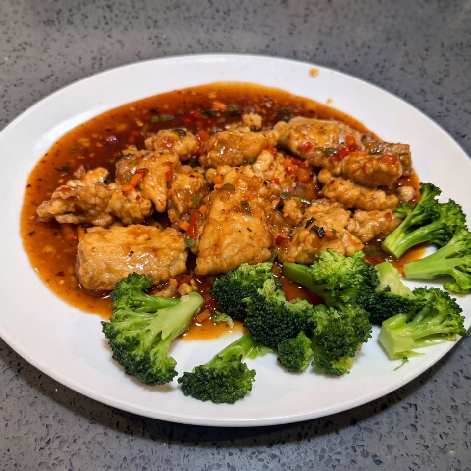 Sweet and sour chicken with broccoli florets on a white plate, on a speckled gray counter.
