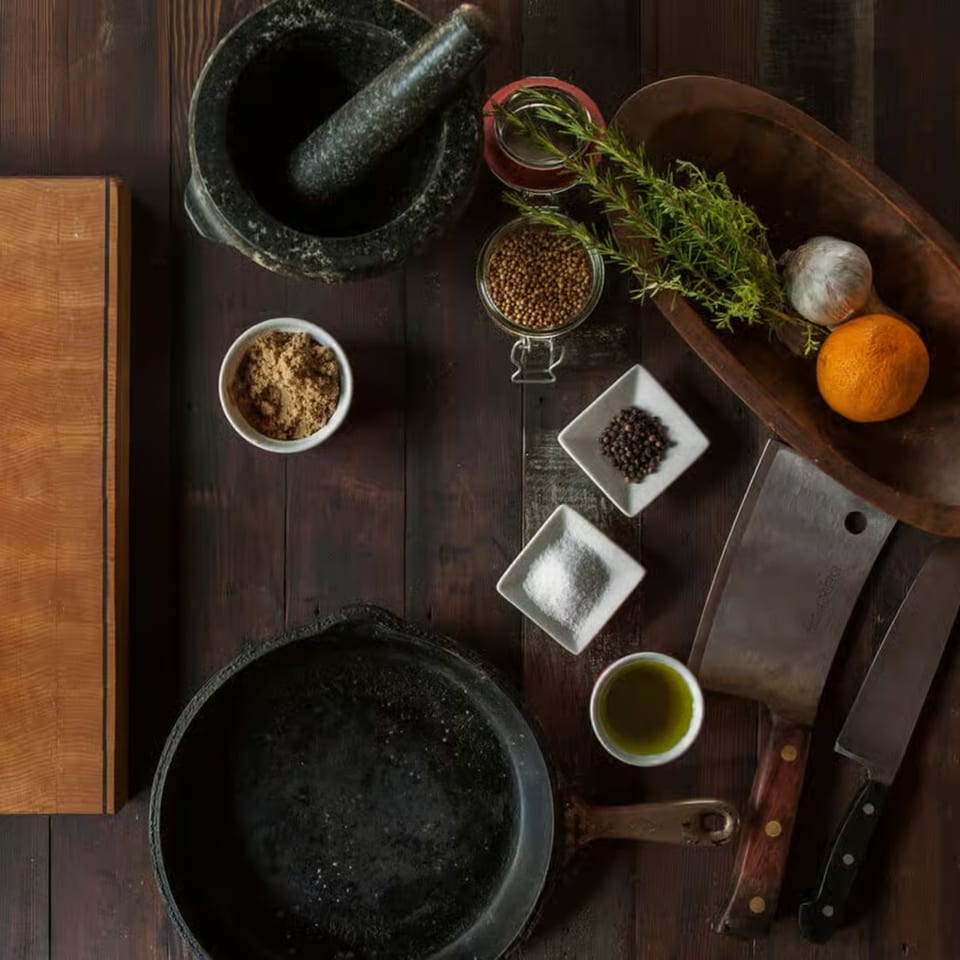 Overhead view of cooking ingredients and tools, including a cast iron pan, spices, and herbs.
